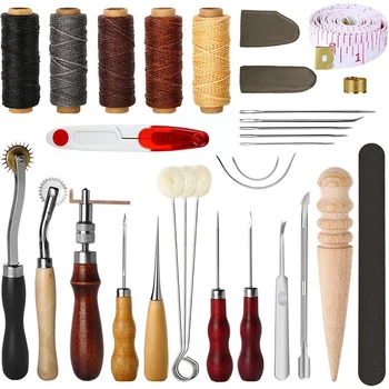 Полный набор инструментов для рукоделия из кожи Полный профессиональный набор инструментов для шитья из холщовой кожи, шило, игла для ручной строчки, принадлежности для шитья своими руками