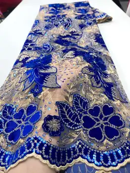 Новое Королевское синее Золото 2023 года, Африканская бархатная кружевная ткань с французскими блестками, кружевная ткань с блестками в Нигерийском стиле для африканского женского платья