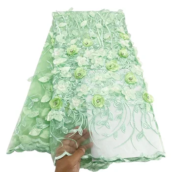 Африканский тюль, кружево с 3D цветочной аппликацией, высококачественная мятно-зеленая ткань с вышивкой 5 ярдов 233, шнуровая ткань для свадьбы