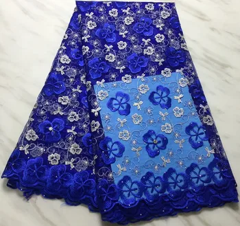 Королевская синяя африканская кружевная ткань африканская французская кружевная ткань с камнем, 5 ярдов вышитой нигерийской кружевной ткани для свадьбы PL31623