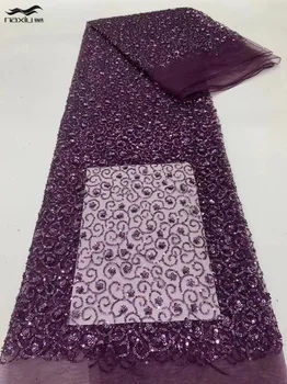 Madison-Фиолетовая Кружевная ткань с бисером, высокое качество, 5 ярдов, Ручная работа, Усовершенствованная вышивка, Блестки для вечерних платьев, 2023