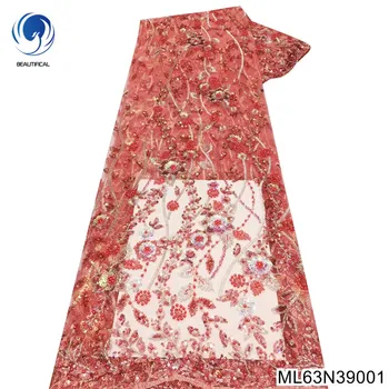 Модное французское кружевное платье из тюля, расшитое бисером в нигерийском стиле с пайетками, 2023, новейший дизайн, красное свадебное платье для новобрачных ML63N390