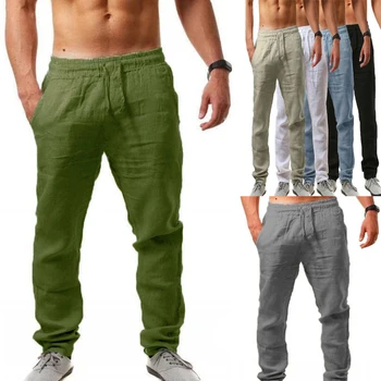 Мужские хлопчатобумажные льняные брюки, однотонные мужские дышащие брюки, Свободные длинные брюки на талии, Мужские повседневные джоггеры для бега трусцой, уличная одежда для фитнеса, S-3XL
