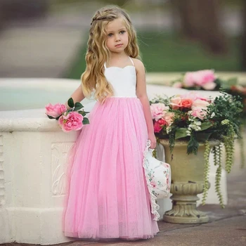 Платья для девочек в цветочек, розовое платье в стиле бохо из пышного тюля, белый топ, летнее пляжное платье для свадьбы, дня рождения, нарядные платья