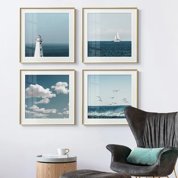 Скандинавский морской пейзаж, Голубое небо, море, облако, пейзаж, картина, плакат, печать HD, современные настенные рисунки для домашнего декора гостиной