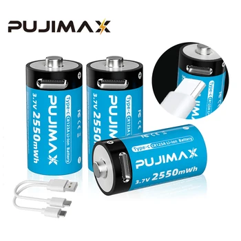 PUJIMAX Новые Литиевые Батареи 3,7 V CR123A Емкостью 2550 МВтч, Литий-ионная Аккумуляторная Батарея, Поддержка Кабеля Type C Для Зарядки Игрушек-Фонариков