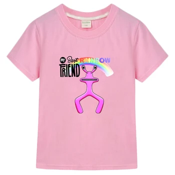 Розовая футболка Rainbow Friends, Летние Футболки С коротким рукавом Для мальчиков и девочек, Повседневная Футболка с Графическим принтом Kawaii из 100% хлопка