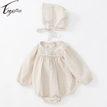Engepapa/ Клетчатый комбинезон для маленьких мальчиков и девочек, комбинезон с длинными рукавами для новорожденных + шапка, комбинезон из 2 предметов, весенне-осенняя повседневная одежда