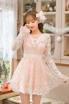 Платье принцессы сладкой лолиты, кружевное платье Candy rain с длинными рукавами, японское милое новое платье принцессы с V-образным вышитым воротником C22AB7022