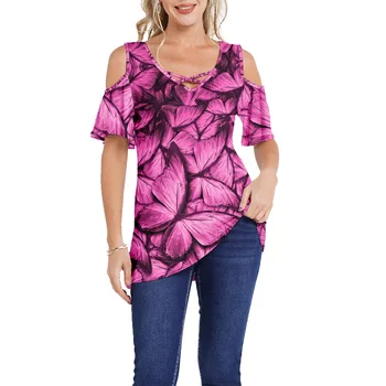 Женская футболка с круглым вырезом и коротким рукавом в стиле харадзюку, топы с принтом бабочки, Модные женские футболки с открытыми плечами, одежда