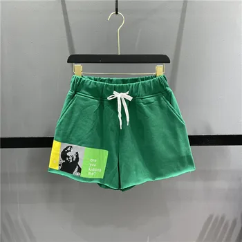 Летние Новые зеленые шорты с принтом, женские свободные повседневные спортивные Короткие брюки, Женская эластичная талия, Широкие брюки трапециевидной формы, модный тренд брюк