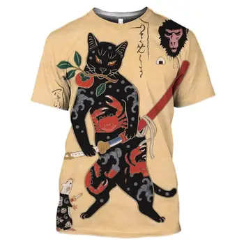 Ретро-футболка для мужчин, футболка с татуировкой кота Самурая для детей, крутая классическая рубашка с 3D-принтом, Летние топы с круглым воротником и коротким рукавом для мальчиков