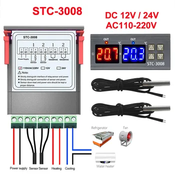 STC-3008 AC 110V 220V DC 12V 24V 10A Двойной цифровой регулятор температуры, гигрометр, нагрев, охлаждение, два релейных выхода