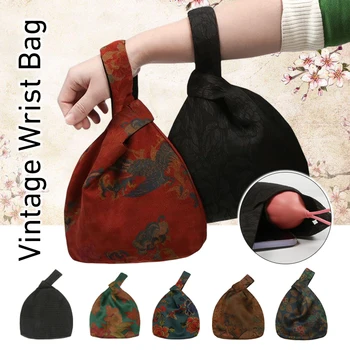 Женская винтажная сумочка из шелка тутового дерева с узлом на запястье, сумочка в китайском стиле, ретро-кошелек, сумка-тоут, кошелек для ключей, чехол для телефона.
