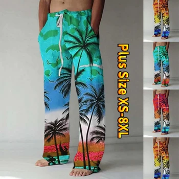 Мужские прямые брюки с гавайским принтом и тропическим рисунком для повседневной езды в уличном стиле XS-8XL