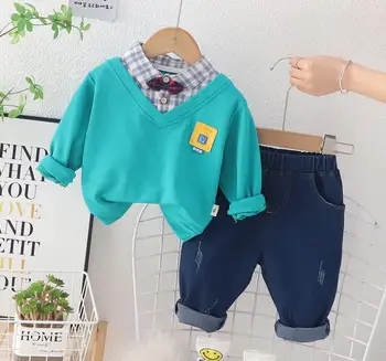 Дизайнерская одежда для маленьких мальчиков, весенне-осенние детские наряды, толстовки в клетку с V-образным вырезом и длинными рукавами для мальчиков и девочек, топы и брюки, одежда для малышей