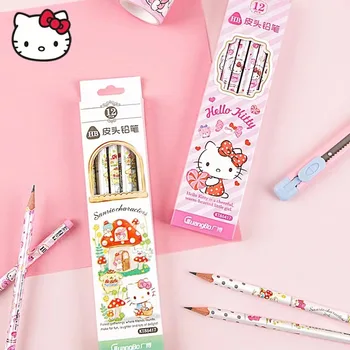 Оригинальные деревянные карандаши серии Sanrio, мультяшные студенты с помпонами Kitty Cat Purin, карандаши Hb, канцелярские принадлежности, подарки для студентов в штучной упаковке