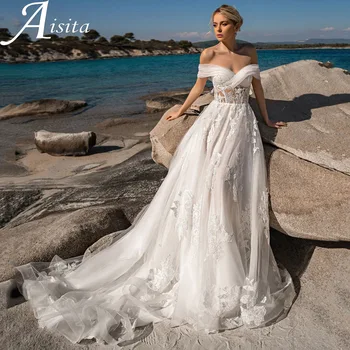 Сказочное свадебное платье с открытыми плечами, кружевные аппликации, шлейф, свадебное платье со складками без спинки, Пляжное платье Vestidos De Novia