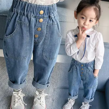 Джинсы для девочек, детская осенне-зимняя одежда, брюки, детские джинсовые штаны для маленьких девочек, джинсы на пуговицах для малышей 80 ~ 130 г.